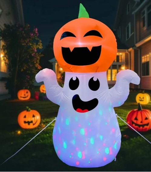 GVDV 5Ft Halloween Inflatable Pumpkin Ghost with 360° Rotating Colorful LED Lights, Cute Indoor/Outdoor Decor for Party, Yard, Lawn