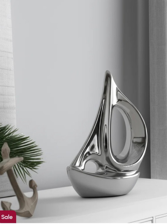 Cvitan Coastal Ceramic Sailboat Sculpture – Metallic 8″ Modern Nautical Decor for Home, Office, or Living Room