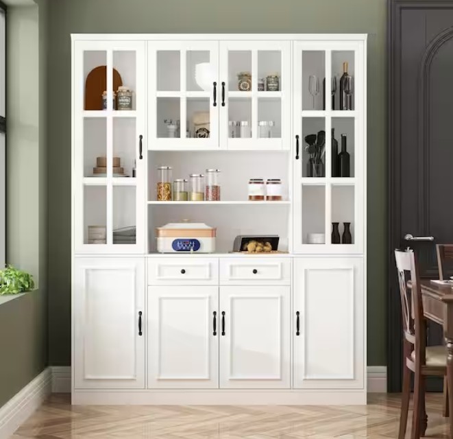 White Wood 63 in. W Buffet and Hutch Kitchen Cabinet With Glass Doors, 2-Drawers, Adjustable Shelves