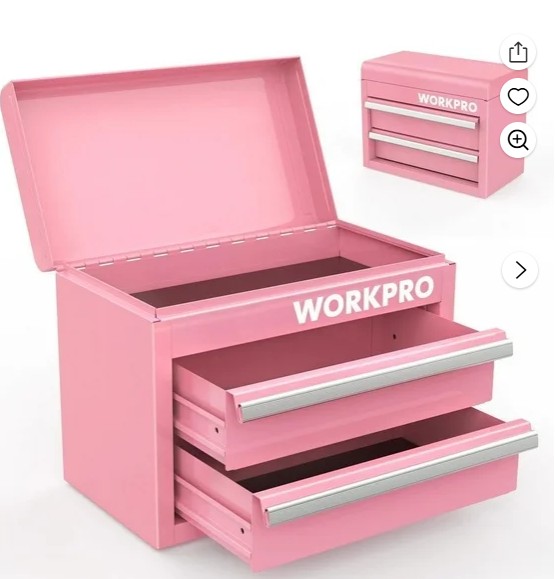 WORKPRO Mini Metal Tool Box with 2 Drawers and Top Storage, Small Tool Chest with PVC Liners and PP Feet Pads, Cold Rolled Steel Toolbox with Magnetic Tab,Pink