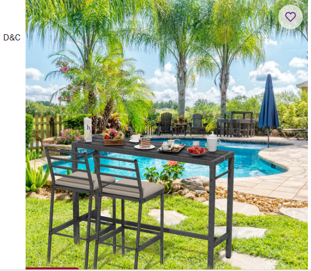 55″ Outdoor 2-Person Patio Bar Set Dining Table w/ Chairs, Balcony Bar Dining set, HDPE + Metal Frame