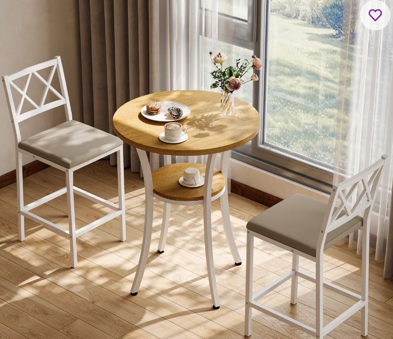 3-Pieces Dining Table Set For Small Space,24” Round Wooden Top Table & 2 PU Leather Upholstered Chairs, Modern Kitchen Table Set With Metal Frame, Bistro Set For Patio, Cafe, Restaurant & Bar