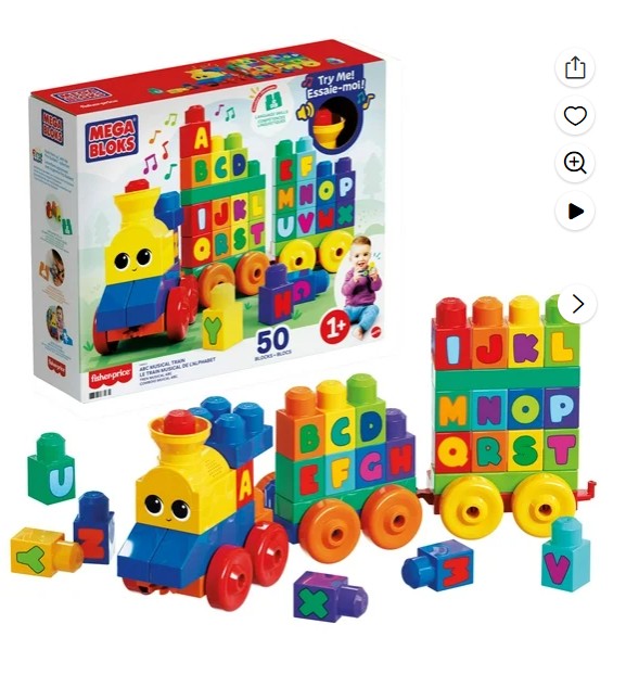 MEGA BLOKS Toy Blocks ABC Musical Train with Sounds and Music (50 Pieces) for Toddler