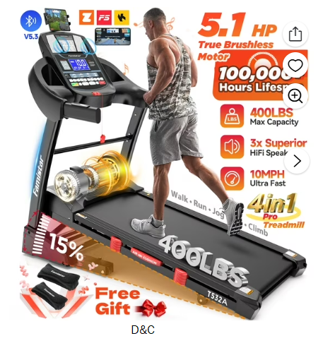 Famistar 5.1HP Folding Treadmill for Home with 15% Auto Incline, 300-400 LB Capacity, Portable Foldable Treadmill, FREE APP Control, Adjustable iPad Holder, 10MPH Speed, 71 Programs, Knee Straps Gift