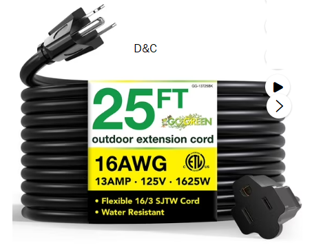 GoGreen Power GG-13725BK 16/3 25′ Heavy Duty Extension Cord, Outdoor Extension Cord, Black, 25 Ft