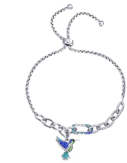 Crystal Collective Fine Silver Plated Blue Crystal Hummingbird Charm Adjustable Bracelet