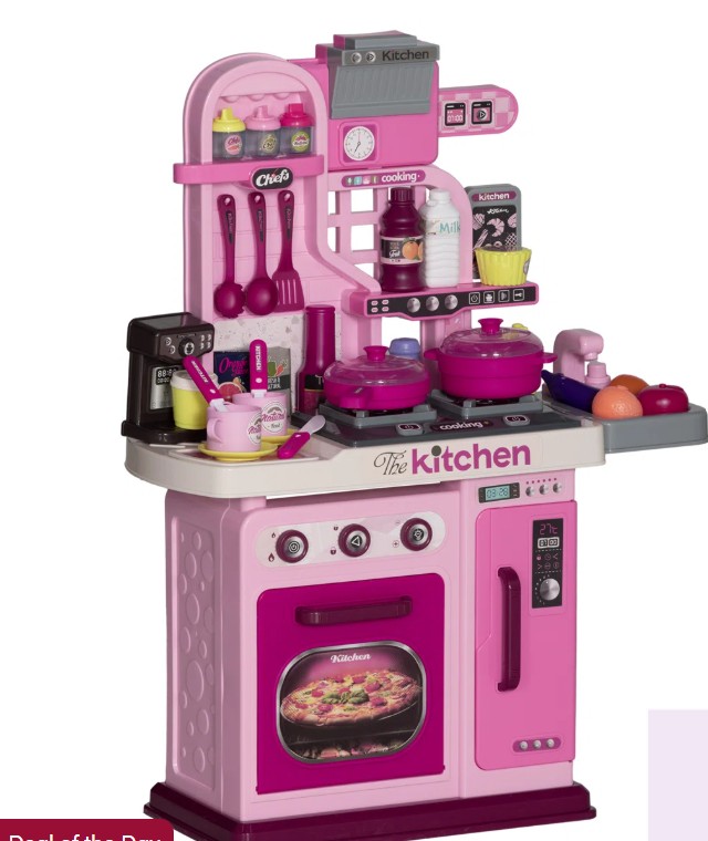 Play Kitchen, Kids Kitchen Playset Toy Kitchen with Lights, Sounds, 33 Accessories, Storage, Interactive Playset for Toddler 3-6 Years, Pink