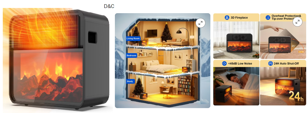 Teendow Electric Heater with Fireplace, 1500W Ceramic Heater for Home Office with Adjustable Thermostat and Overheat Protection