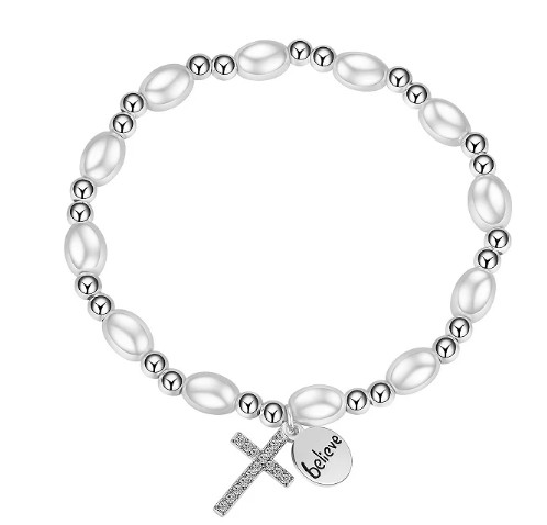 Gratitude & Grace Crystal & Simulated Pearl “Believe” Stretch Bracelet