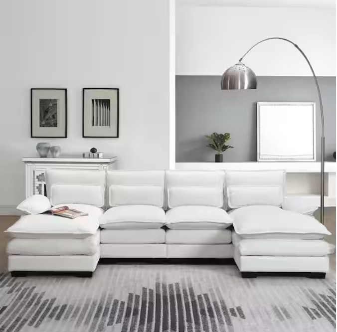 109.8 in. W Flared Arm Modern U Shaped Chenille Sectional Sofa in White with Waist Pillows