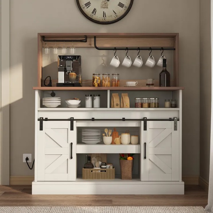 47″ Farmhouse Coffee Cabinets with Goblet Holder & Power Outlet