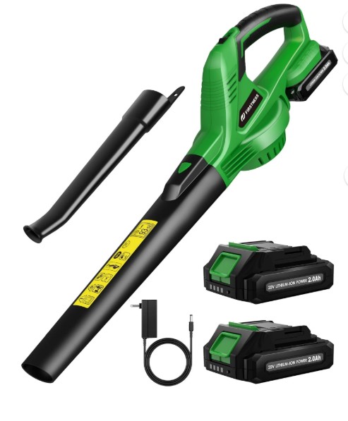 Firstness Cordless Leaf Blower, 20V Electric Leaf Blower with 2 Batteries and Charger, 135MPH 2 Speed Modes, 18000RPM, Lightweight Cordless Blower for Lawn Care, Patio, Dust, Blowing Leaves, Green