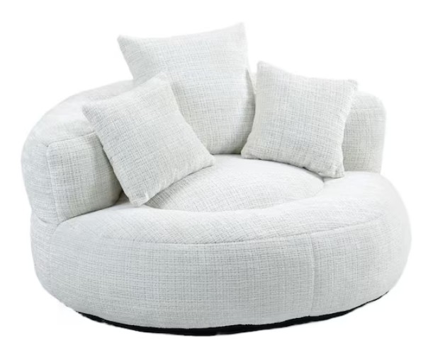 Modern Comfy Beige Chenille Upholstery Bean Bag Round Accent Arm Chair