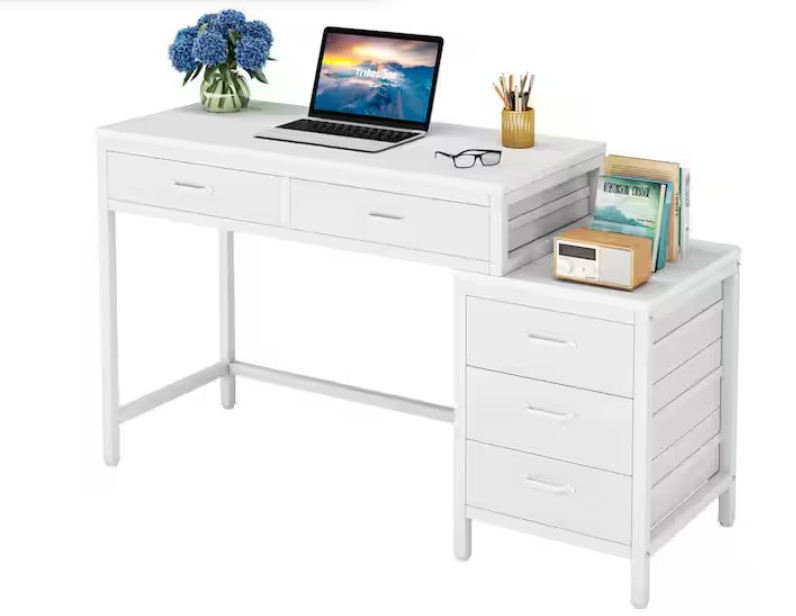 Cassey 51.18 in. Rectangular Industrial White Wood 5 Drawer Computer Desk Legs Reversible File Cabinet Printer Stand