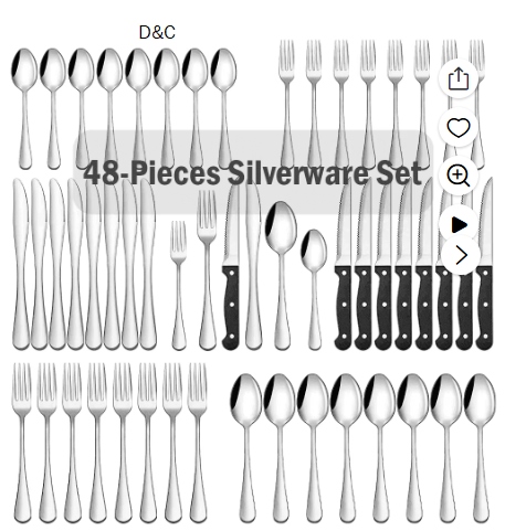 48-Pieces Silverware Set for 8, Stainless Steel Flatware Cutlery Utensil Set forks and Spoons, Kitchen Tableware Set