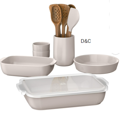 Beautiful 12-Piece Stoneware Bakeware & Kitchen Tools Set, Porcini Taupe by Drew Barrymore