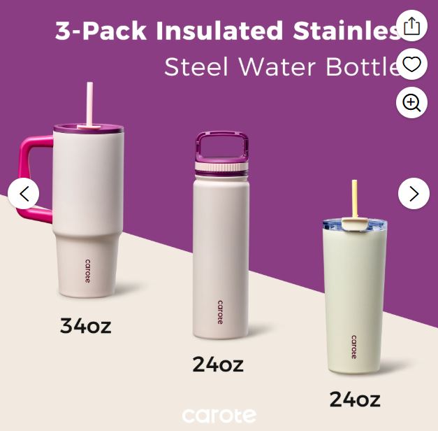 Carote 3pcs Cupholder-Friendly Insulated Stainless Steel Water Bottle and Tumbler Set