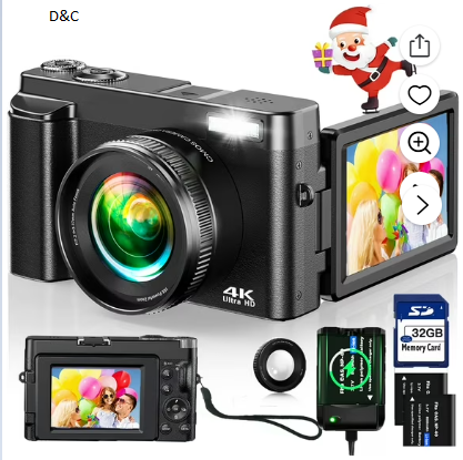 Digital Camera 4K Vlogging Camera for Youtube Autofocus with 32GB SD Card,180°Flip Screen 16X Digital Zoom 48MP Video Cameras Camcorder for Photography