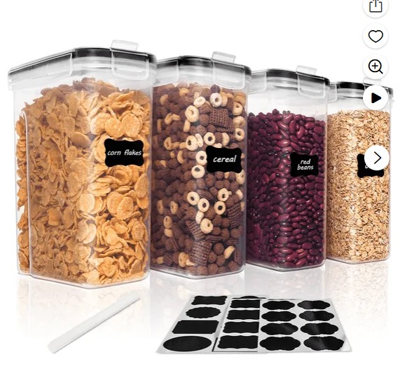 Vtopmart Cereal Dispenser, 4 Pcs Plastic Airtight Food Storage Containers, for Snacks and Sugar, 84.5 fl oz, SMALL