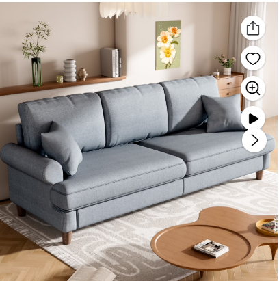 87″ Sofa Couch, Comfy Extra Deep Seat 3 Seater Couch for Living Room with Soft Upholstered Round Arms,Free 2 Pillows,Grey
