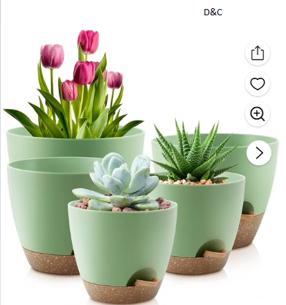 FOUKUS Set of 5 Self-Watering Plant Pots with Drainage – Eco-Friendly Plastic Planters for Indoor & Outdoor Use – Pots for Succulents, Cactus, Snake Plants (7″, 6.5″, 6″, 5.5″, 5″) – Green