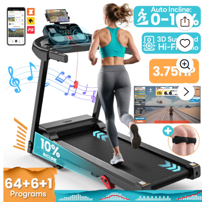 3.75HP Treadmill 300lb Capacity, Incline Folding Treadmill, 64+7 Smart Program, 7.5MPH Speed, Smart APP Control, Treadmill for Home Jogging Walking w/ HiFi Speakers, Free Knee Pads
