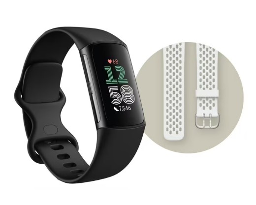 Fitbit Charge 6 Small Fitness Watch, Black Aluminum Case with Obsidian & Frost White Bands