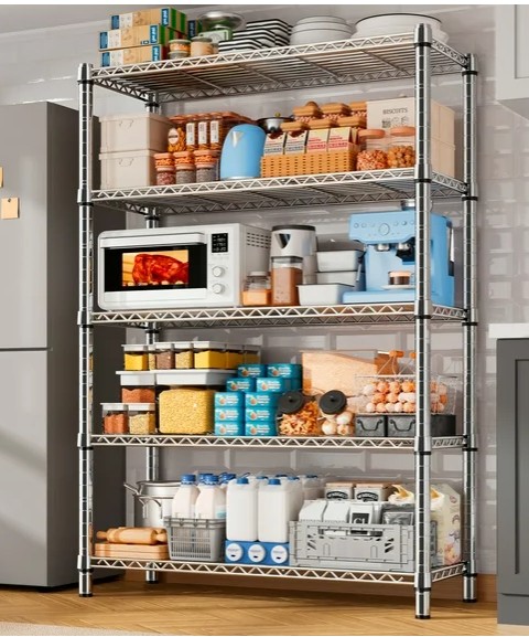 REIBII 5-Tier Storage Shelves Wire Shelving Unit Loads 1200LBS Heavy Duty Adjustable Metal Shelving Unit for Garage Storage Rack Panty Shelf Kitchen Shelving 35.5”L X 14”W X71”H,Chrome