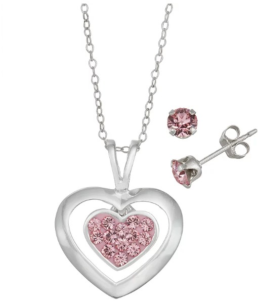 Charming Girl Kids’ Sterling Silver Pink Crystal Heart Pendant & Stud Earring Set