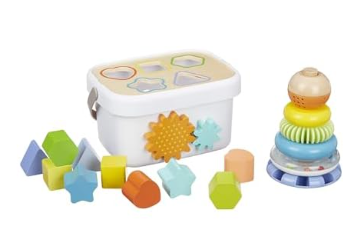 Amazon Basics Wooden Shape Sorter and Rainbow Stacker Classic Baby Toy Set-Sorting Play For Infants Age 12M+, Medium, Multicolor