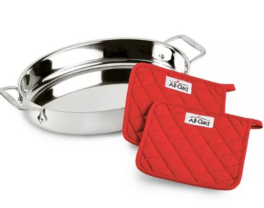 Stainless Steel 15″ Oval Baker & Pot Holder Set