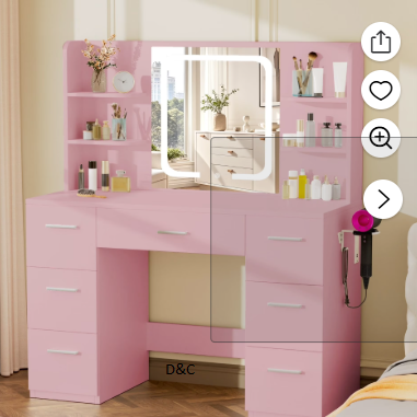 LIVELYGLOW Vanity Set with Mirror,Makeup Vanity Set with Power Outlet,Vanity Dressing Table with LED Light,Pink