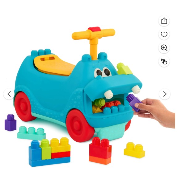 Battat Blue Ride-On Hippo with 26 Building Blocks and Storage, Ride-On Toy for Toddlers 12 Months +
