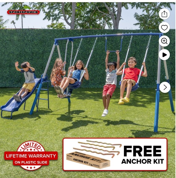 Sportspower Arcadia Metal Swing Set with Trapeze, 2 Person Glider Swing, 5′ Double Wall Slide with Lifetime Warranty, and Bonus Anchor Kit, Great for Kids 3-8