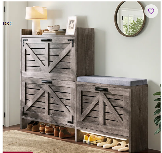 Chimira Farmhouse 24 Pair Shoe Cabinet With Bench, Motion Sensor Light & 3 Flip Drawer