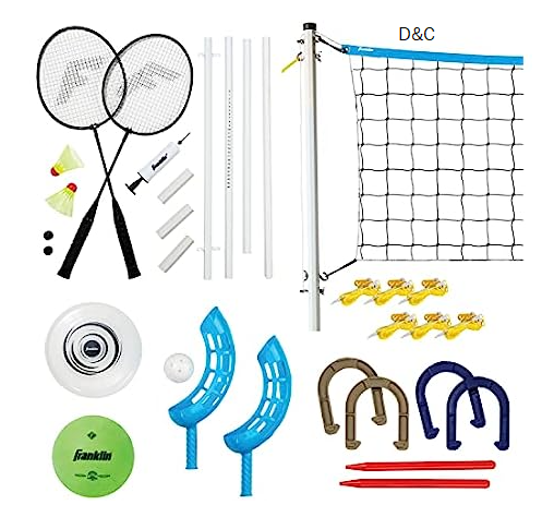 Franklin Sports Fun 5 Combo Outdoor Game Set – Backyard, Beach + Camping Games for Kids – Badminton, Volleyball, Flip Toss, Flying Disc – Horseshoes or Ring Toss