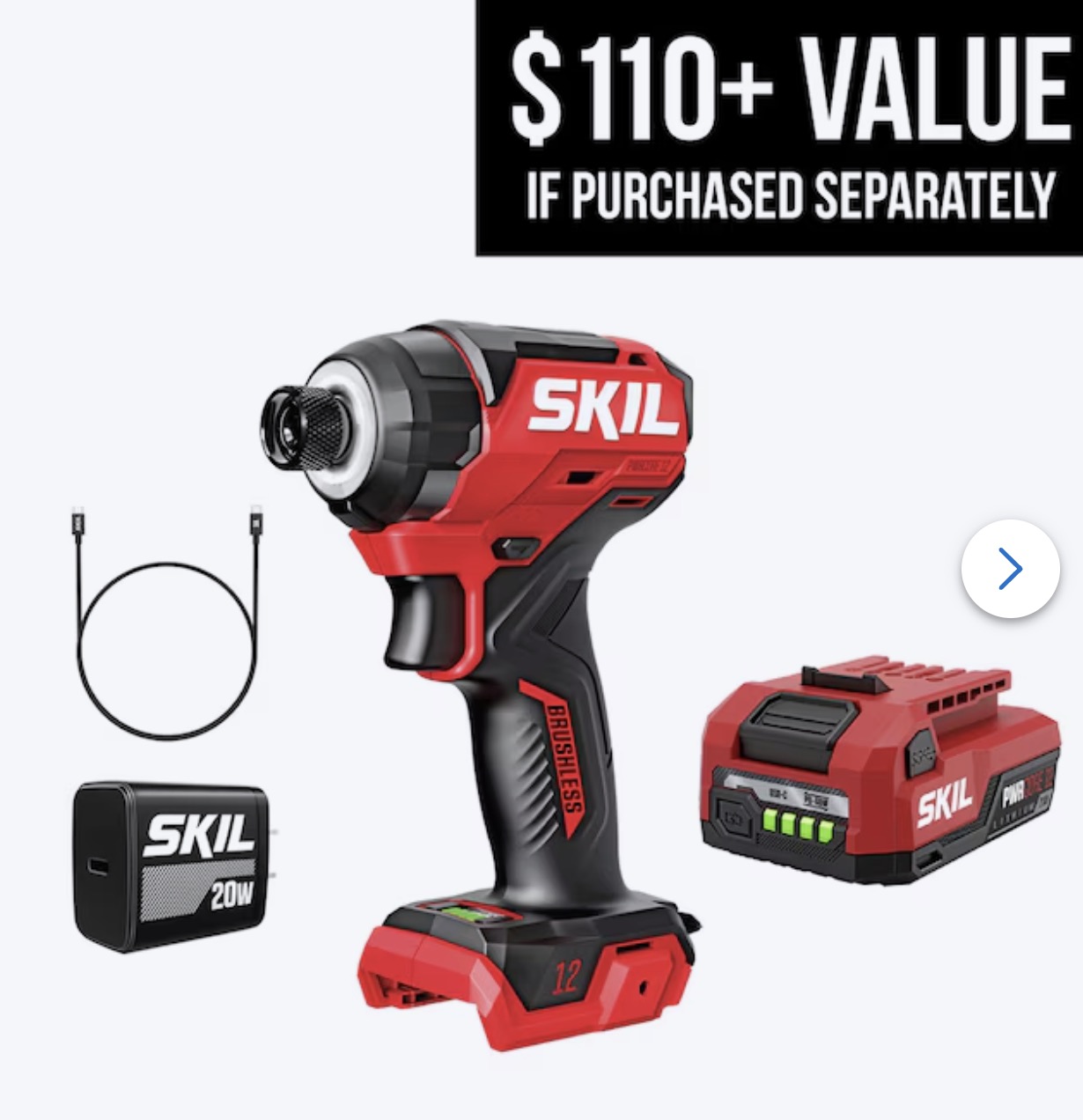SKIL PWR CORE 12-volt 1/4-in Brushless Cordless Impact Driver (Battery Included and Charger Included)