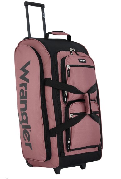 Wrangler 30-inch Large Checked Multi-Pocket Upright Rolling Duffel Bag for Travel, Dusty Rose
