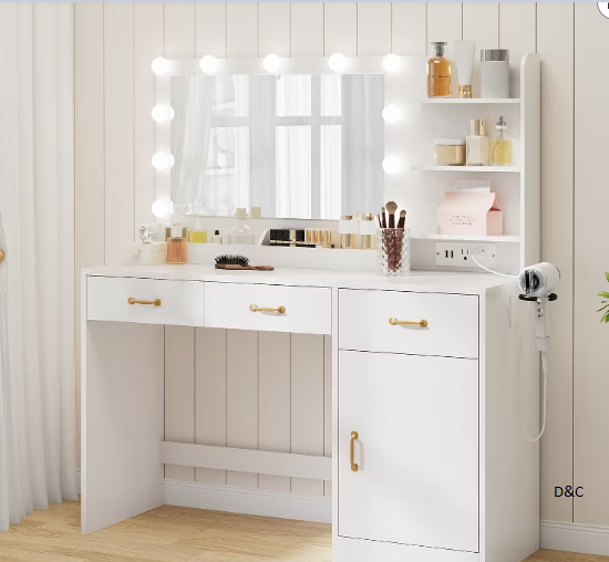 Vanity Desk with Mirror, LED Lights and Power Outlet Makeup Table with 3 Drawers and Storage Shelves Dressing Table for Bedroom Dressing Room