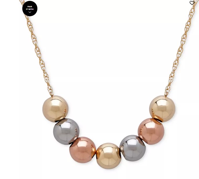 Tri-Tone Beaded Necklace in 10k Yellow, White and Rose Gold
