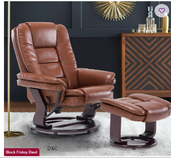 32″ Contemporary Leather Recliner and Ottoman with Swiveling Mahogany Wood Base