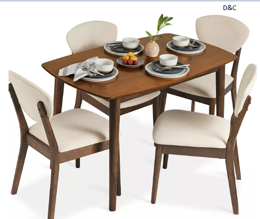 5-Piece Compact Wooden Mid-Century Modern Dining Set w/ 4 Chairs, Padded Seat & Back