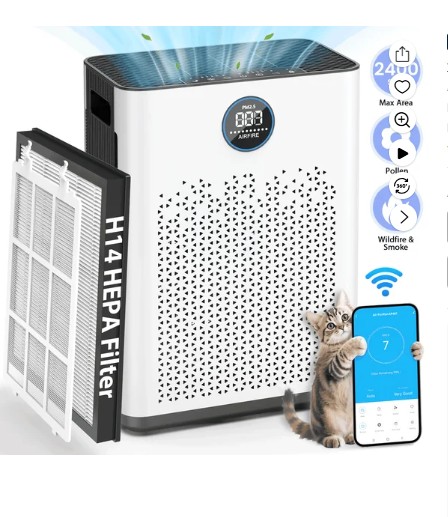 Air Purifier for Home Large Rooms up to 2400 Sq.ft, HEPA Air Purifiers with WIFi and Washable Pre-Filter for Wildfire,Smoke, Pollen, Dust, Pet Fur & Odor, AP407, White+Black