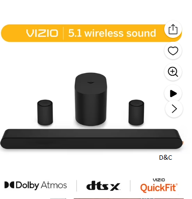VIZIO 5.1 Soundbar with Dolby Atmos, Wireless Surround Speakers & Compact Subwoofer, QuickFit Compatible (New) SV510XW-0906