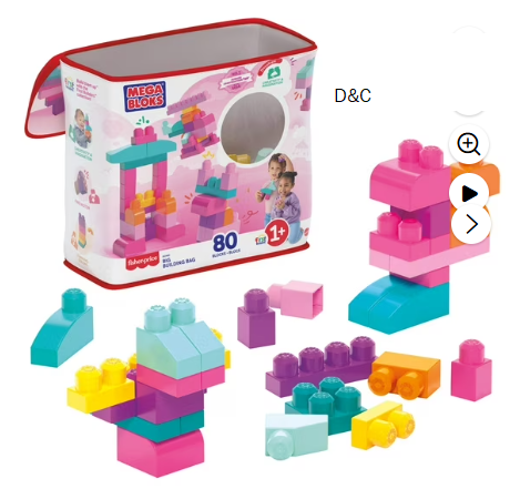 MEGA BLOKS Fisher-Price Toy Blocks Big Building Bag with Storage (80 Pieces) for Toddler, Pink