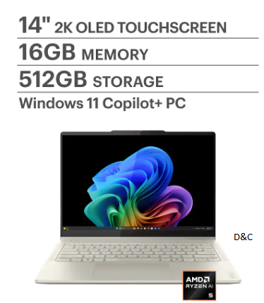 Lenovo – Yoga 7 2-in-1 – Copilot+ PC – 14″ 2K OLED Touchscreen Laptop – AMD Ryzen AI 5 340 2025 – 16GB Memory – 512GB SSD – Seashell