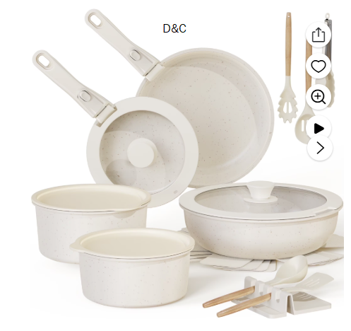 Astercook 20 Piece Pots and Pans Set Non Stick, Cookware Set with Detachable Handle, Oven Safe, Induction Ready, Stackable RV Kitchen Cooking Set Removable Handles, Cream White