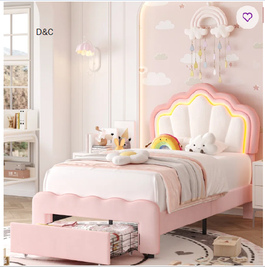 Avalie Upholstered LED Kids Bed with Drawer & Adjustable Headboard
