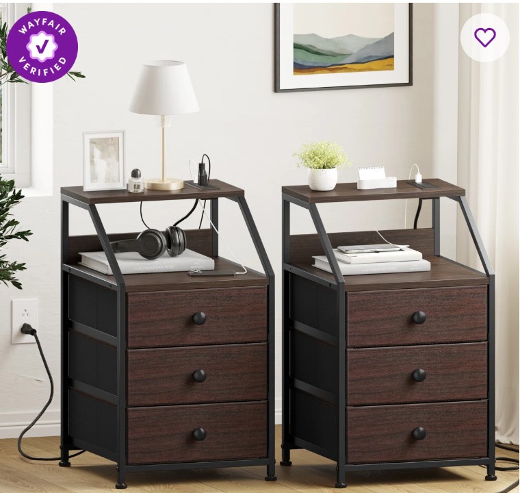 Travison Nightstands with 3 Drawers & Outlets, Bedside Tables with 2 USB Ports & 2-Tier Open Shelf