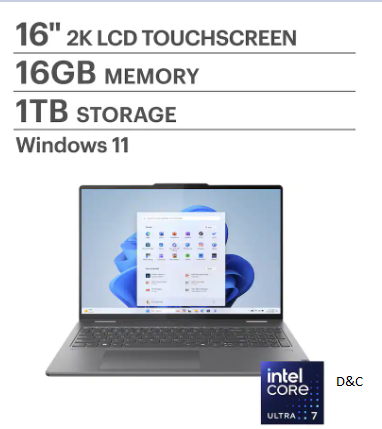 Lenovo – Yoga 7i 2-in-1 16″ 2K Touchscreen Laptop – Intel Core Ultra 7 155U 2023 – 16GB Memory – 1TB SSD – Storm Grey